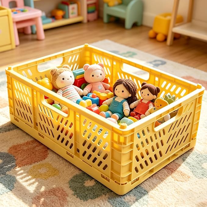 Tobeso-Nuoze 2 Pack Pastel Plastic Storage Baskets-20L Space-Saving Bins | Plastic Collapsible Storage Crates Foldable Plastic Crates for Storage Collapsible Crates for Organizing (Yellow)