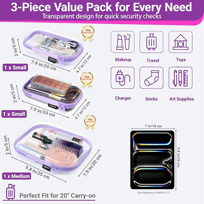 YQBRAO Clear Hard Shell Organizer Cases, 3-Pack, Purple | Rigid 1.2 mm PET organizers with multi-size design for cosmetics, travel storage, and everyday essentials