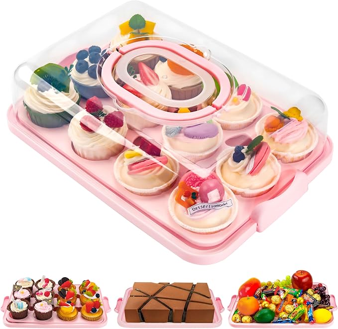 NPLUX Pink Cupcake Carrier Cupcake Holder with Lid, Cake Container | 3 in 1 Multipurpose, Lid, Holder, Muffins, Pies, Sweets, Pastries, Fruit, Snacks, Transport