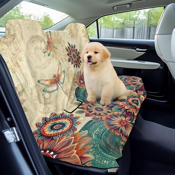 Renewold Car Back Seat Cover, Rear Bench Seat Towel Cover, for Truck SUV Van Sedan, Boho Flower Dragonfly, Towel Blanket After Gym Yoga Hiking, Car Accessories for Women Men, Picnic Blanket