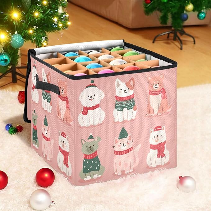 OTVEE Christmas Ornament Storage Box Holiday Decoration Organizer Stores upto 64 Holiday Ornaments Adjustable Dividers Tear-Proof Fabric Christmas Pets Charm