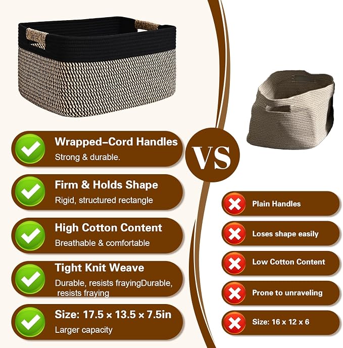 2 Pack Large Storage Basket for Organizing, 17.5"x13"x7" Woven Basket for Shelves, Closet Cube Storage Bins with Wrapped Handle, Cotton Rope Baskets for Kitchen, Clothes, Toys(Black & Brown)