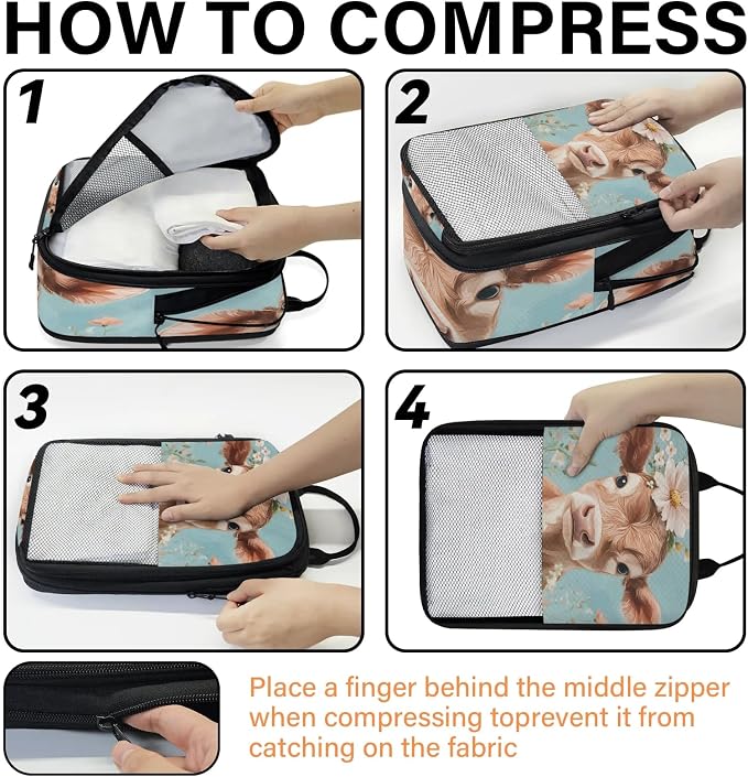 Cow 6 Set Compression Packing Cubes Bull Expandable Packing Organizer for Travel Accessories Luggage Suitcase Bag