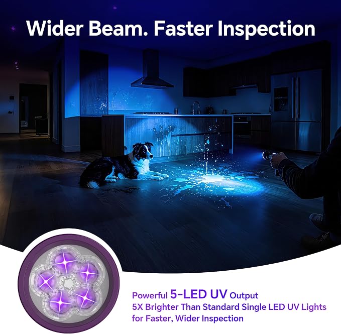 365nm 5xLED Blacklight UV Flashlight Rechargeable Powerful UV Light | LCD Display,Powerful Portable Ultraviolet Black Light for Pet Urine Detection, Home, Scorpions, Resin Curing, Leak