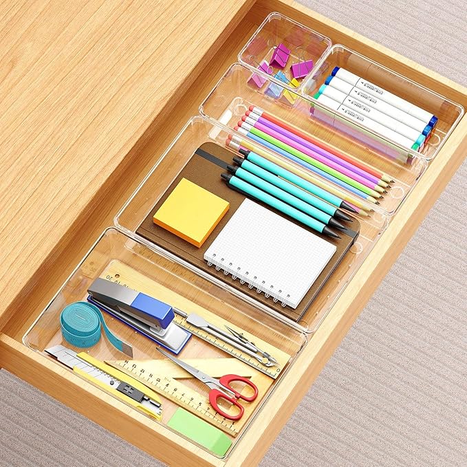 Manalete 65 Pcs Clear Plastic Drawer Organizer, Makeup & Vanity Organizer | 4-Size Versatile Desk Organizer & Storage Bins for Kitchen, Bathroom, Office, Jewelries, Easy Clean, Stackable, BPA-Free