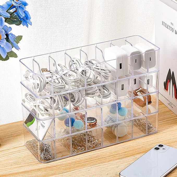 Tatuo 8 Pcs Cable Organizer with 80 Wire Ties, Plastic Cord Storage Charger Box Electronics Organizer with Adjustment Compartments Cable Storage for Drawer Home Office Desk Accessories (Clear)