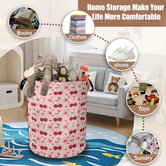 Cherry Flower Laundry Basket,Waterproof Foldable Pink Laundry Hamper,Dirty Clothes Laundry Basket, Linen Bin Storage Organizer Collection 16" x 20.8"