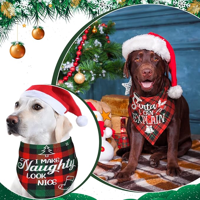 8 Pcs Christmas Dog Bandanas Buffalo Plaid Pet Scarf Bibs,Large | Adjustable Triangle Bibs with Holiday Sayings, Reversible Red Black Green Plaid, Festive Costume Accessory for Pet Photos