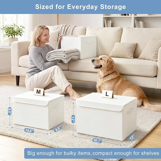 Large 17" 42 Quarts Collapsible Stackable Storage Bins with Lids [3-Pack] Foldable Fabric Linen Storage Boxes Cube, Closet Organizer Baskets with Label (16.7 x 12 x 12, White)