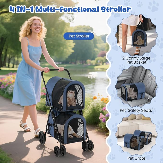 Dog Stroller with 2 Detachable Carrier, Pet Stroller for Small Medium Dogs Cats, Jogger/Travel/Camping, 4-in-1 Doggy Pet Carrier, Carrier Strolling Cart with Lockable Wheels (Navy Blue)