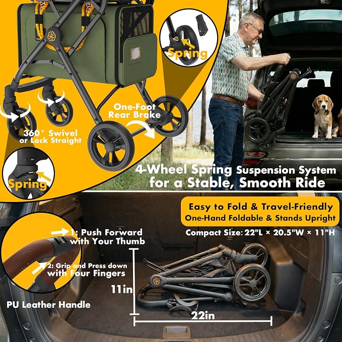 PAWZIDEA Double Pet Stroller with 2 Detachable Carrier for Multiple Pets | Portable Travel Crate & Car Seat Combo & TSA-Approved Expandable Carrier, Foldable Jogger Stroller for 2–4 Cats or Small Dogs