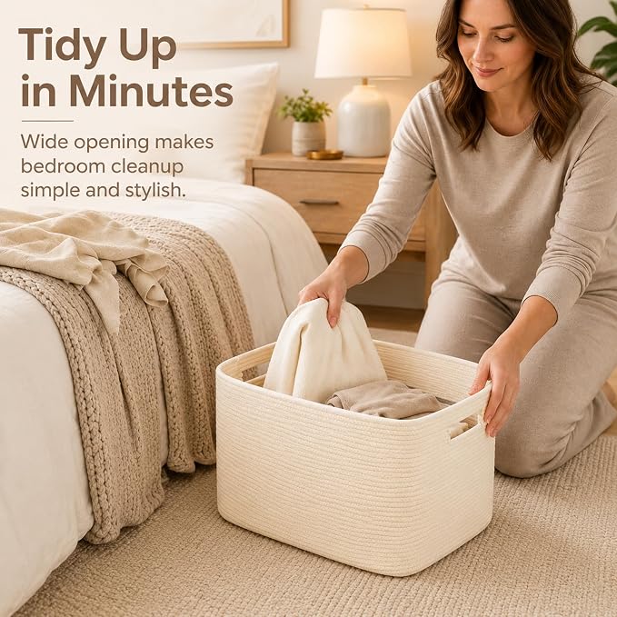 15.4GAL Woven Laundry Basket for Kids, Cute Boho Square storage basket for Living Room Decor, Baby Girls Boys Toys Stuffed Animal Decorative Short Hamper for Dirty Clothes, Bath Towel,Shoes Beige
