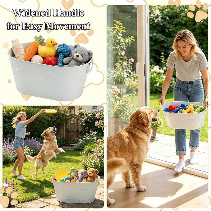 Indestructible Metal Dog Toy Bin, White Galvanized Storage Bin with Handles, Puppy Basket for Blankets, Leashes, Pet Toy Box for Living Room (25-Quart)