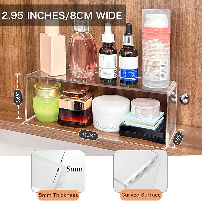 2 Pack Acrylic Medicine Cabinet Organizer, Narrow Bathroom Mirrior Cabinet Storage Shleves, Clear Acrylic Risers for Vanity, Kitchen & RV (11.34 x 2.95 x 3.66 in)