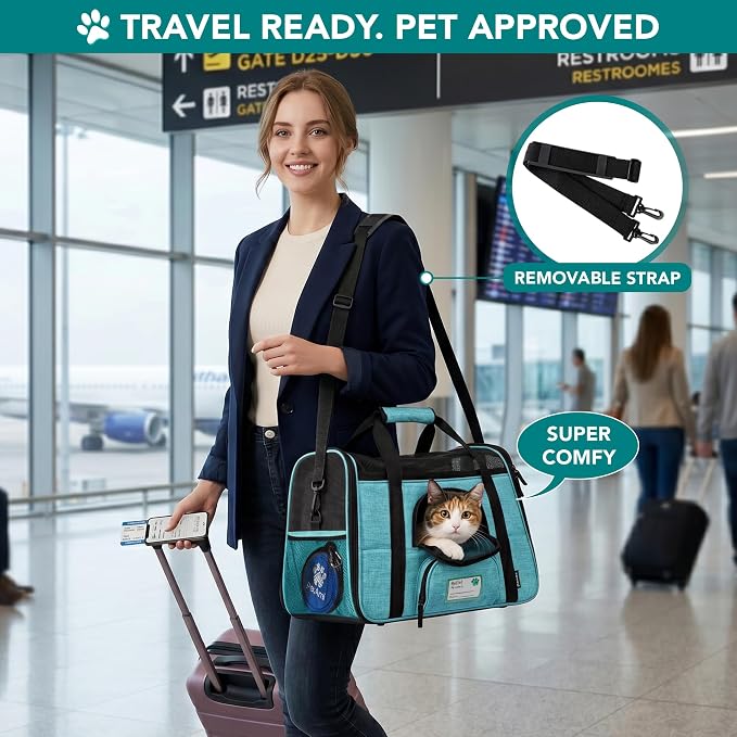 PetAmi Airline Approved Pet Carrier for Cats Small Dogs, Large Heather Blue | Soft Sided TSA Travel Bag, Sherpa Bed, Breathable Mesh Ventilation, Collapsible Bowl, Fits Under Seat, Up to 18 lbs