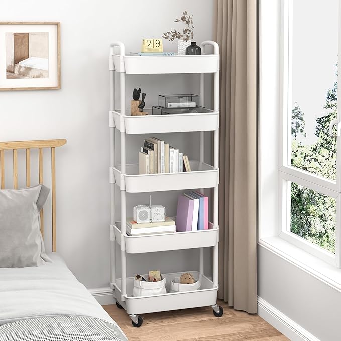 Sywhitta 5-Tier Plastic Rolling Utility Cart with Wheels for Storage,White | Multi-Functional Storage Trolley, for Office, Living Room, Kitchen, Bathroom,Movable Organizer,Space-Saving,Easy to assemble