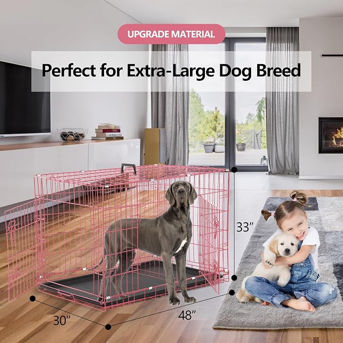 Heavy Duty Large Dog Crate, 48 Inch Dog Crates for Large Dogs, Metal Wire Folding Dog Cage with Removable Trays, Locks, Double-Door, Divider Panel, Handle, XXL Dog Crate Pet Crate (48 in, Pink)