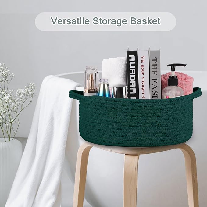 COMSE Empty Small Gift Basket with Bag & Ribbons, Dark Green | Cotton Rope, 12"x 8"x 5", Baby Toy Organizer, Stores Small Items for Bedrooms, Nurseries, Bathrooms, Living Rooms, Offices