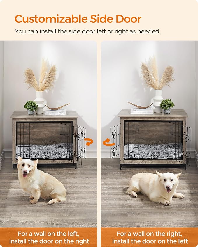 Feandrea 32.5" Dog Crate Furniture, Indoor Dog Cage Side End Table, L Pet Wood Kennel for Large and Medium Dogs up to 45 lb with Multi-Purpose Removable Tray, Double-Door Pet House, Greige
