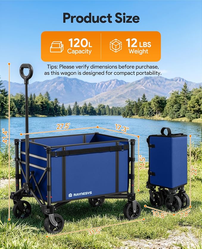 Collapsible Wagon with Wheels,120L Wagon Cart for Camping Groceries Beach | 220lbs Capacity Wagon Carts Foldablet,Smallest Folding Size,Lightweight Portable,Adjustable Handle,Transport long items