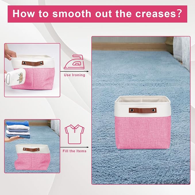 Bagnizer Storage Bins Large Fabric Storage Baskets for Shelves 3 Pack, Decorative Linen Closet Baskets with Handles for Organizing, Shelf, Clothes, Home, Office, 15x11x9.5Inches (Pink&White)