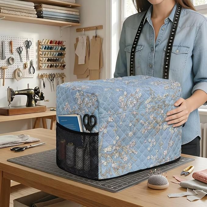 Sewing Machine Cover Polyester Febric Blossoming Almond Tree Print | Dust Pet Hair Protection,Quilting Design,Fits Standard Singer,Brother Janome Machines,Protecting Decorating Your Sewing Space