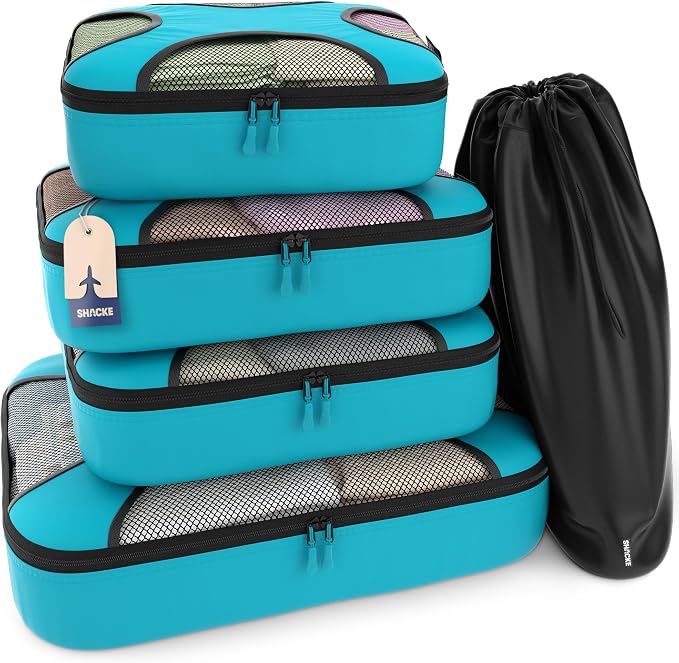 Shacke 5 Set Packing Cubes for Travel with Laundry Bag (Aqua Teal) | Suitcase Organizer Bags Set: 4 Water-Resistant Luggage Cubes, XL to Small, + Laundry Bag for Carry-On or Checked