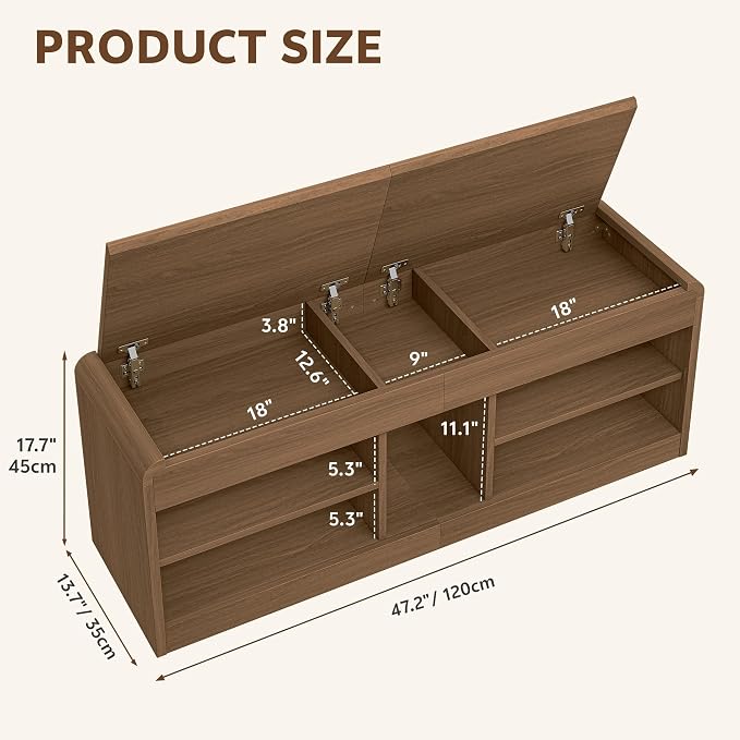 Shoe Storage Bench with Flip-Open Box & Shelf, Walnut | 47.2in Bench Fits Hallways, Bedrooms And Living Room, With Sturdy Wood Construction For Daily Use