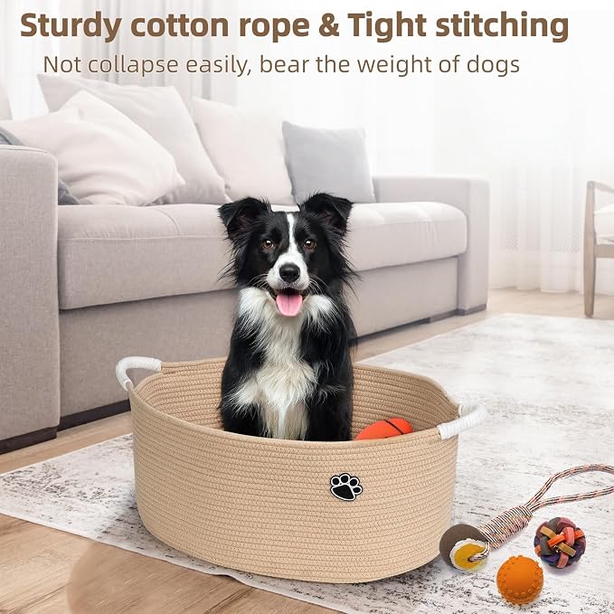 Optish 40L Extra Large Dog Toy Basket, 20" x 14" x 9" XL Toy Storage Box and Bin with Handles, Woven Cotton Rope Foldable Basket for Blankets, Living Room, Bedroom, Home Decor, Camel