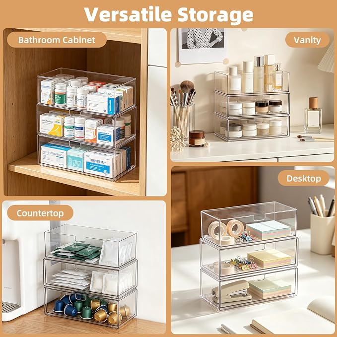 Stackable Medicine Cabinet Organizer for Bathroom, 3 Pack | 2 Drawers + 1 Tray, Clear View for Quick Access, Smooth Pull-Out, Non-Slip & Place Stably, Fits Vanity, Desk & Bedroom
