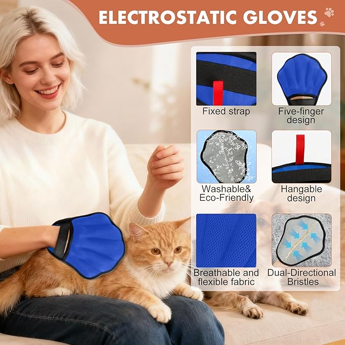 Pet Hair Removal Glove, Electrostatic Pet Hair Remover Glove for Cats & Dogs, Hair Remover Tools for Couch, Carpet, Clothing, Car Seat - Upgraded Five-Finger, Reusable, RoyalBlue+Darkgrey