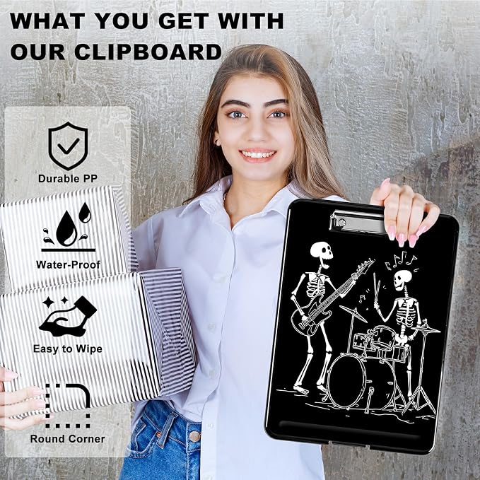Heavy Duty Storage Clipboard, Slim Nursing Clipboard with Internal Pen Case, Portable File Organizer Case for A4 Letter Size Paper Office Medical Professionals, Guitar Skull