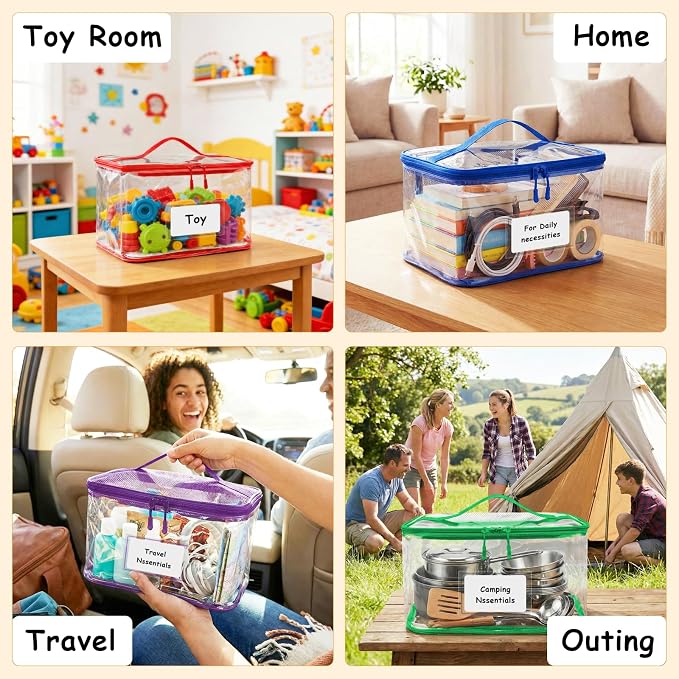 HOUYEE 6 Pack Extra Large Clear Toy Storage Bags With Zipper (Colorful) | Toy Organizer Bags with Name Tags and Mesh Pocket,Reusable PVC Waterproof Storage Bags for Toys, Board Games, Building Blocks