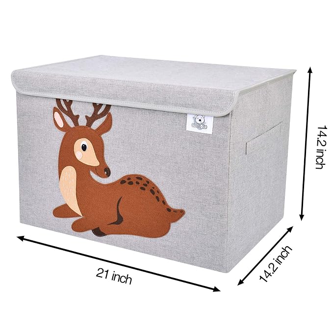 Large Toy Box Storage with Lid, Foldable Fabric Toy Chest Storage for Kids | Toy Organizer Basket, Collapsible Animal Print Storage Bin for Toddlers, Boys and Girls, Playroom, Baby Nursery (Deer)
