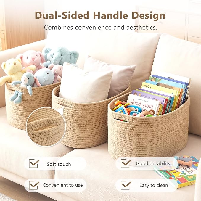 ECDYQXVU 15x10x9 Inch Woven Cotton Rope Storage Basket, 2 Pack | Foldable Design, Built-in Handles, Space-saving Organizer for Living Room, Bedroom, Laundry, Shelves, Clothes, Towels