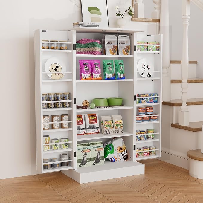 Saudism 47" Dog Food Storage Cabinet with Adjustable Shelves, White | Freestanding Pet Storage Container Organizer for Living Room and Dinning Room