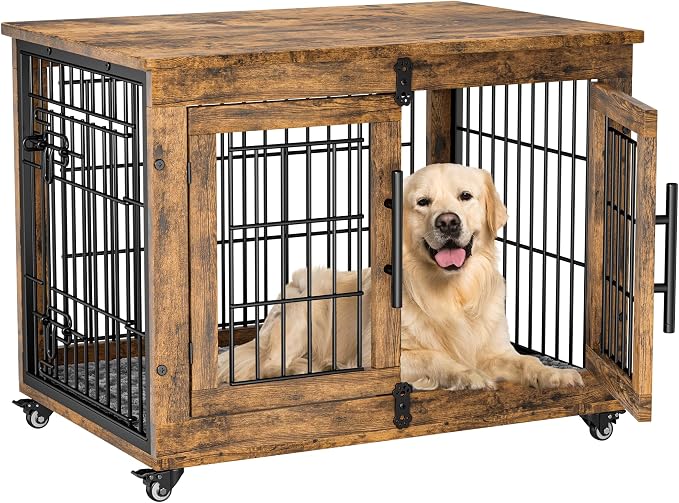 2 Pack Dog Crate Furniture, 32'' Heavy Duty Kennel with Cushion & Wheels | Rustic Brown, Double Doors, Wooden Dog Cage, Chew-Resistant, End Table, Decorative, 27"/32"/38"/44" Options, Indoor