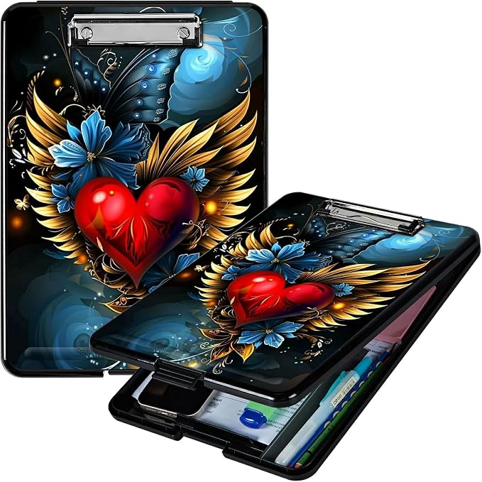 Winged Heart A4 Clipboard with Storage Pen Holder, Clipboards Organizer Nursing Clipboard Foldable File Folder Plastic Clipboard Folio Clip Board for Office Students Classroom Doctor