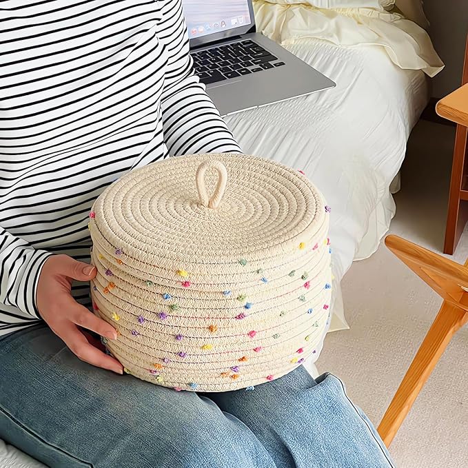 Small basket, Cute Woven Basket with Lid & Decorative Bin for Storage | small woven basket rope basket decorative basket gift basket