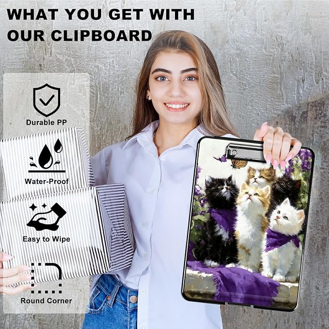 Heavy Duty Storage Clipboard, Slim Nursing Clipboard with Internal Pen Case, Portable File Organizer Case for A4 Letter Size Paper Office Medical Professionals, Lavender Cat