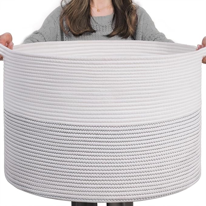 INDRESSME XXXLarge Woven Rope Blanket Basket Living Room White, 90L | 21.7" x 13.8" Storage baskets for toys laundry & pillows. Fits living room, bedroom or nursery décor. Soft-touch with handles