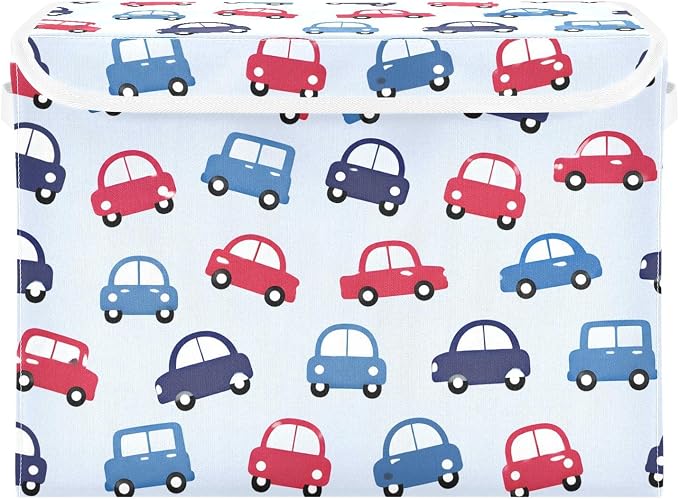 Storage Bins with Lid Toy Car Foldable Storage Boxes 40L Baskets | Decorative Storage Boxes, 300D Oxford Cloth, Hollow Board Frame, Flip Top Velcro Lid, 16.5x12.6x11.8 inch, Collapsible Design