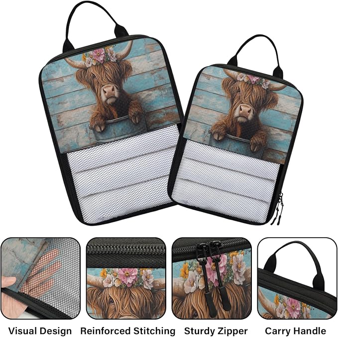 TropicalLife Highland Rustic Cow 6 Set Compression Packing Cubes | Farmhouse Farm Animals Travel Accessories Expandable Packing Organizers Space Saver Bags for Organizing Clothes
