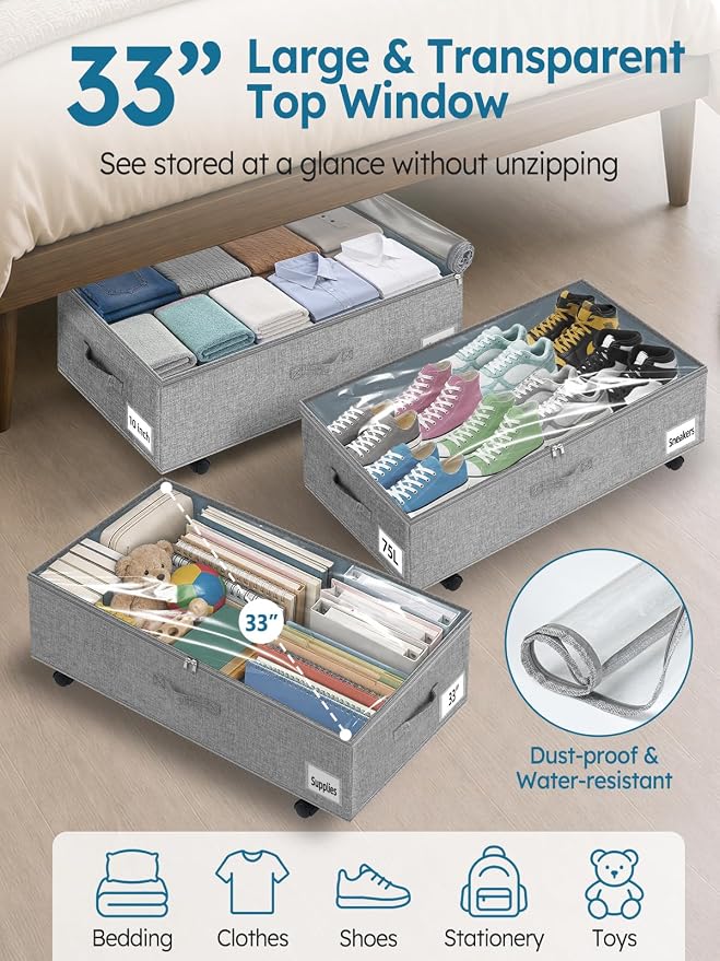 10-in 75L Low Profile Under Bed Storage with Wheels, 2 Pack, Gray | 5 Rotating Wheels, Large Clear lid, Rigid Sides & Bottom, Low Space Storage, Under Bed, Couch, Crib, Dorm Organization
