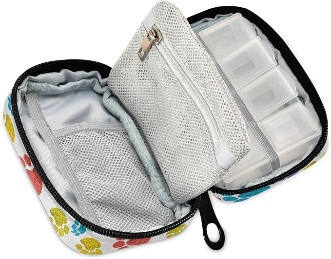 Watercolor Dog Paw Travel Pill Case Portable Weekly Pill Box Bag Container 7 Days Pill Organizer Vitamin Supplement Holder with Zipper for Family Business