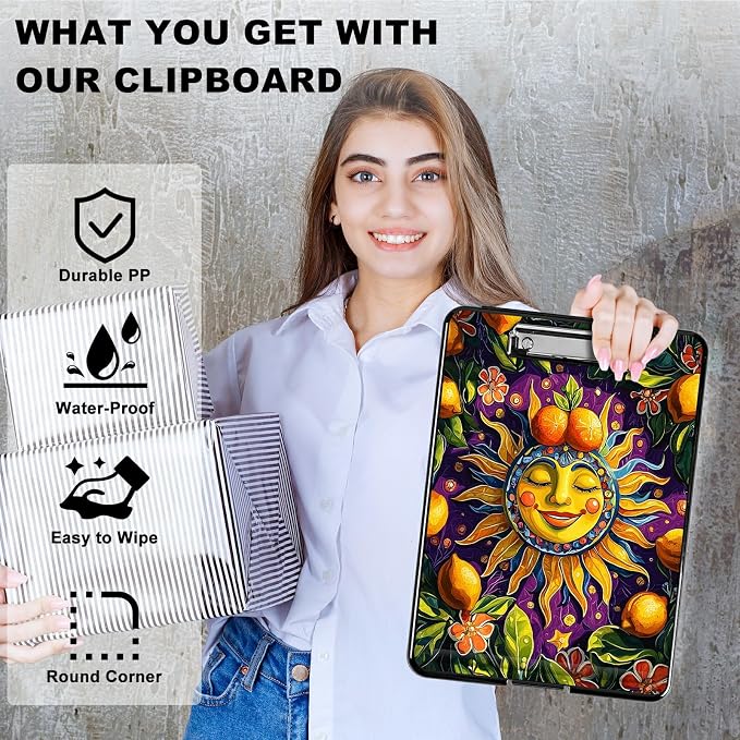 Heavy Duty Storage Clipboard, Slim Nursing Clipboard with Internal Pen Case, Portable File Organizer Case for A4 Letter Size Paper Office Medical Professionals, Sun Lemon
