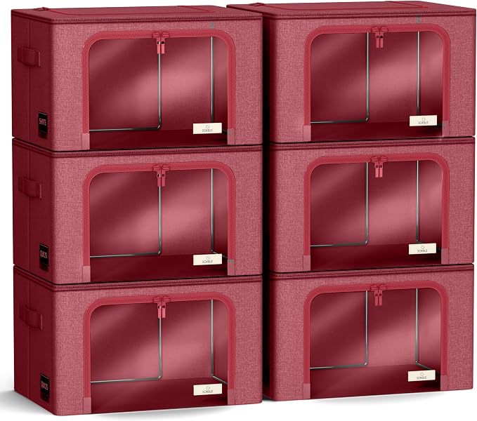 Sorbus Clothing Storage Bins with Clear Window, Metal Frame (6 Pack, Pink) | Oxford-fabric containers with carry handles stack neatly to organize bedding and linens in closets and laundry rooms.
