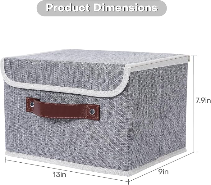 ANMINY Fabric Storage Box Bins with Lids, Gray, 13"x9"x7.9", 4 Pack | Keepsake Memory Storage, Cotton Linen, PP Board Reinforced, Washable, PU Handles, Foldable & Stackable, Decorative, Medium