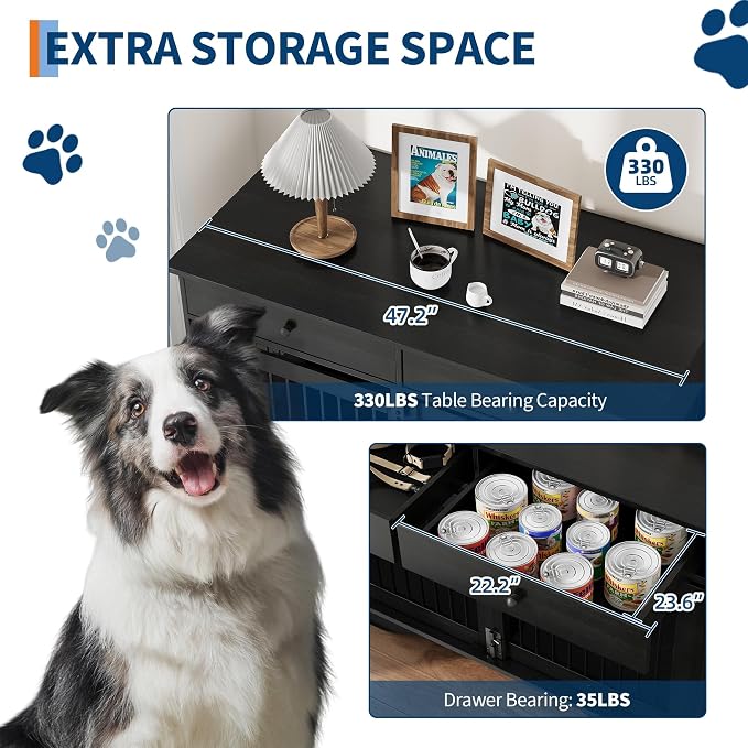 Garvee 47" Large Dog Crate Furniture, Wooden Dog Kennel End Table | with 2 Storage Drawers, Removable Divider & Sliding Door, Heavy Duty Decorative Pet Cage for Small, Medium, Large Breeds