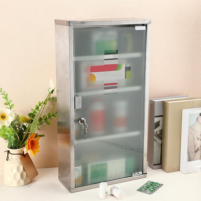 Timgle First Aid Wall Cabinet with Lock Medicine Wall Mounted Bathroom Storage Hanging Medical Cabinet with Safety Glass Door for Bathroom(4 Shelves,Silver)